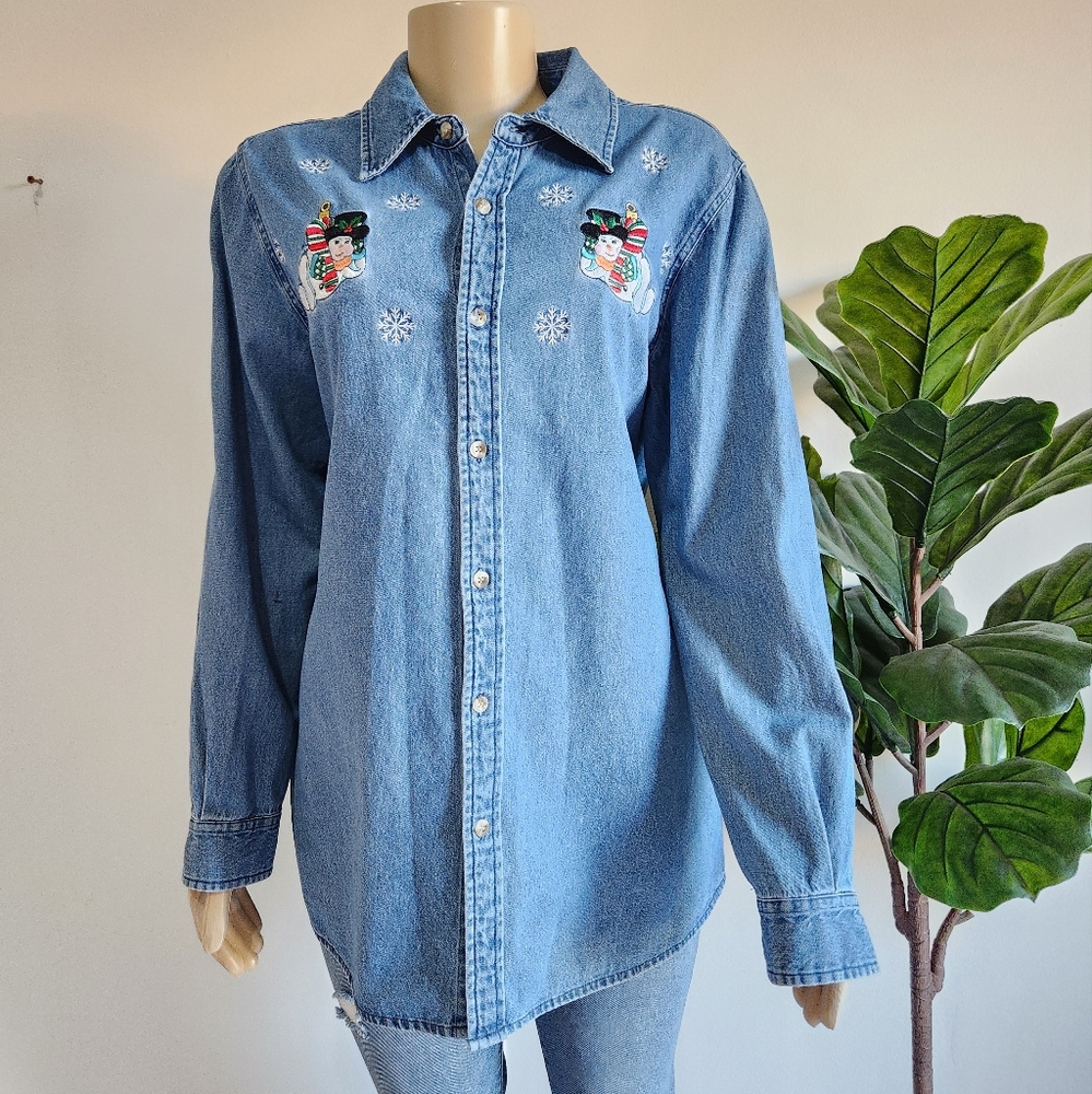 2002 Christopher Radko By Belle Pointe Vintage Chrismast Button Down Shirt Denim
